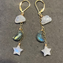 Load image into Gallery viewer, Cloud, Star, and Moon Earrings, Rainbow Moonstone and Labradorite, OOAK