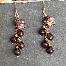 Load image into Gallery viewer, Mohave Turquoise Star and Rhodolite Garnet Cascade Earrings, Gold, OOAK