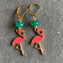 Load image into Gallery viewer, Flamingo and Emerald Green Onyx Dangles