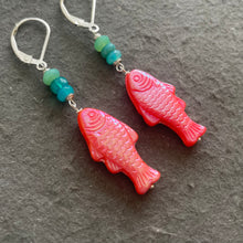 Load image into Gallery viewer, Just Peachy Coral Colored Czech Glass and Opal Fish Earrings