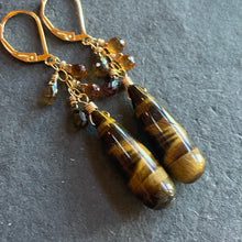 Load image into Gallery viewer, Tiger’s Eye and Sapphire Drop Earrings, OOAK