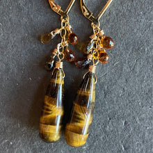 Load image into Gallery viewer, Tiger’s Eye and Sapphire Drop Earrings, OOAK