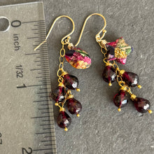 Load image into Gallery viewer, Mohave Turquoise Star and Rhodolite Garnet Cascade Earrings, Gold, OOAK
