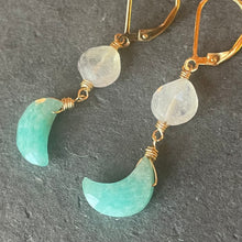 Load image into Gallery viewer, Rainbow Moonstone and Amazonite Moon Mini Dangle Earrings, OOAK