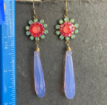 Load image into Gallery viewer, Green Opal, Coral Pink and Lavender Floral Elongated Teardrop Earrings