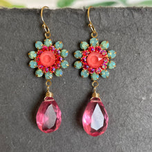 Load image into Gallery viewer, Seafoam Opal and Coral Pink with Pink Quartz Floral Dangle Earrings