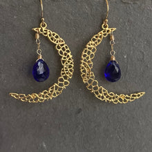 Load image into Gallery viewer, Blue Crescent Moon Gold Vermeil Earrings