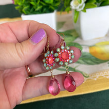 Load image into Gallery viewer, Seafoam Opal and Coral Pink with Pink Quartz Floral Dangle Earrings