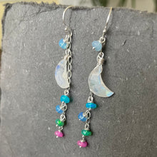 Load image into Gallery viewer, Rainbow Moonstone Moon and Opal Dangle Earrings