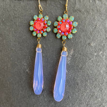 Load image into Gallery viewer, Green Opal, Coral Pink and Lavender Floral Elongated Teardrop Earrings