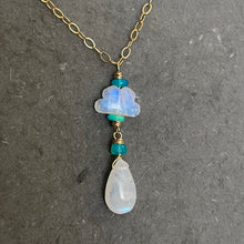 Load image into Gallery viewer, Rainbow Moonstone Raincloud and Raindrop Necklace in 14k Gold Filled