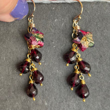 Load image into Gallery viewer, Mohave Turquoise Star and Rhodolite Garnet Cascade Earrings, Gold, OOAK