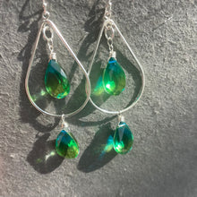 Load image into Gallery viewer, Paraiba to Emerald to Peridot Doublet Dangle Double Decker Hoop Earrings, no crystals