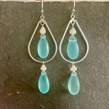 Load image into Gallery viewer, Brilliant Peruvian Blue Chalcedony and Opal Double Decker Hoop Earrings