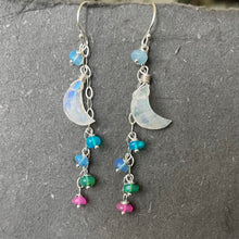 Load image into Gallery viewer, Rainbow Moonstone Moon and Opal Dangle Earrings