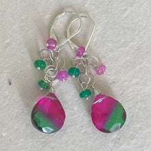 Load image into Gallery viewer, Color Lover Sapphire Pink to Emerald Green Doublet and Opal Dangle Earrings, OOAK