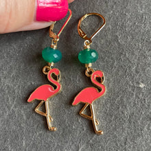 Load image into Gallery viewer, Flamingo and Emerald Green Onyx Dangles