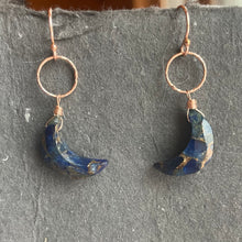 Load image into Gallery viewer, Copper Turquoise Crescent Moon Earrings, Rose gold, OOAK