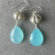 Load image into Gallery viewer, Sterling Flower Aqua Chalcedony dangles