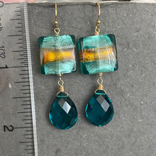 Load image into Gallery viewer, Colorblock Butterscotch and Teal Murano Glass and Quartz Springy Dangle Earrings