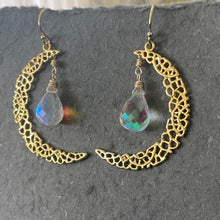 Load image into Gallery viewer, Fire Moonstone Crescent Moon Gold Vermeil Earrings