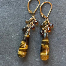 Load image into Gallery viewer, Tiger’s Eye and Sapphire Drop Earrings, OOAK
