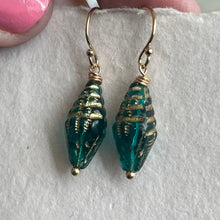 Load image into Gallery viewer, Conch Shell Earrings, Teal Czech Glass