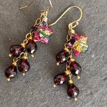 Load image into Gallery viewer, Mohave Turquoise Star and Rhodolite Garnet Cascade Earrings, Gold, OOAK