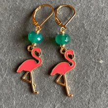 Load image into Gallery viewer, Flamingo and Emerald Green Onyx Dangles