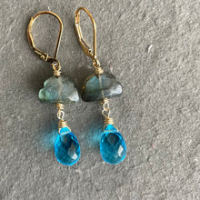 Load image into Gallery viewer, Labradorite Raincloud and Raindrop Quartz Earrings in sterling, rose gold or gold