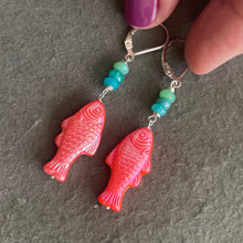 Load image into Gallery viewer, Just Peachy Coral Colored Czech Glass and Opal Fish Earrings