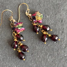Load image into Gallery viewer, Mohave Turquoise Star and Rhodolite Garnet Cascade Earrings, Gold, OOAK