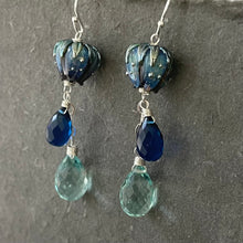 Load image into Gallery viewer, Flora European Lampwork And Quartz Dangle Earrings, Aqua and Cobalt Blue, metal and earwire options