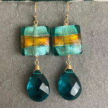 Load image into Gallery viewer, Colorblock Butterscotch and Teal Murano Glass and Quartz Springy Dangle Earrings