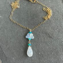 Load image into Gallery viewer, Rainbow Moonstone Raincloud and Raindrop Necklace in 14k Gold Filled