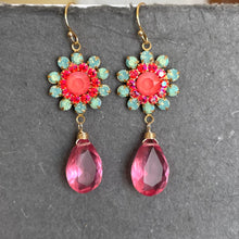 Load image into Gallery viewer, Seafoam Opal and Coral Pink with Pink Quartz Floral Dangle Earrings