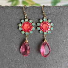 Load image into Gallery viewer, Seafoam Opal and Coral Pink with Pink Quartz Floral Dangle Earrings