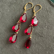 Load image into Gallery viewer, Ruby Red/Pink Sparkle Dangle Trio Earrings