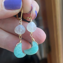 Load image into Gallery viewer, Rainbow Moonstone and Amazonite Moon Mini Dangle Earrings, OOAK