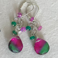 Load image into Gallery viewer, Color Lover Sapphire Pink to Emerald Green Doublet and Opal Dangle Earrings, OOAK