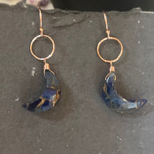 Load image into Gallery viewer, Copper Turquoise Crescent Moon Earrings, Rose gold, OOAK