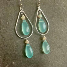Load image into Gallery viewer, Brilliant Peruvian Blue Chalcedony and Opal Double Decker Hoop Earrings