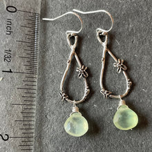 Load image into Gallery viewer, Prehnite single drop artisan flower earrings, OOAK