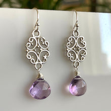 Load image into Gallery viewer, Pink Amethyst Scroll Dangle Earrings - Light Lavender Color