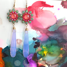 Load image into Gallery viewer, Green Opal, Coral Pink and Lavender Floral Elongated Teardrop Earrings