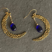 Load image into Gallery viewer, Blue Crescent Moon Gold Vermeil Earrings