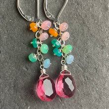 Load image into Gallery viewer, Sapphire Pink Quartz and Rainbow Welo Opal earrings, Leverback option