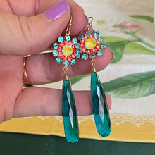 Load image into Gallery viewer, Aquamarine Opal, Yellow and Coral Pink Floral Dangle Earrings