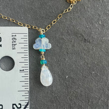 Load image into Gallery viewer, Rainbow Moonstone Raincloud and Raindrop Necklace in 14k Gold Filled