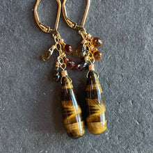 Load image into Gallery viewer, Tiger’s Eye and Sapphire Drop Earrings, OOAK